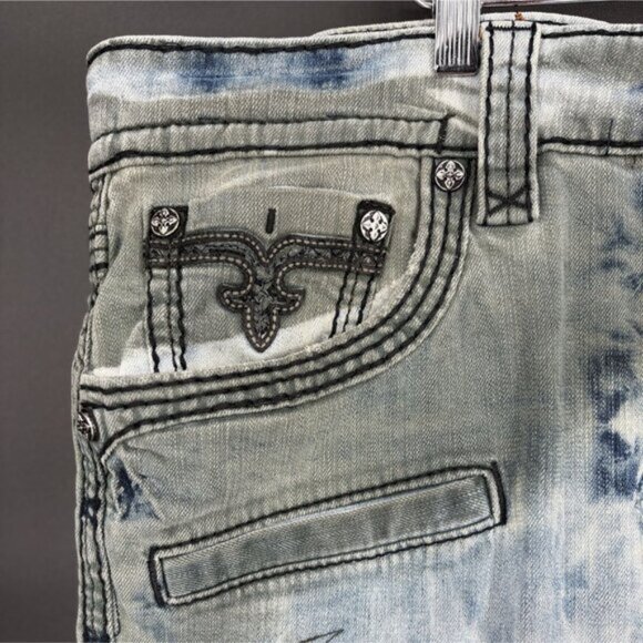 Rock Revival Men's Ayaan Biker Jeans 42x33 Blue Bleach Tie Dye Moto Streetwear - Picture 3 of 14